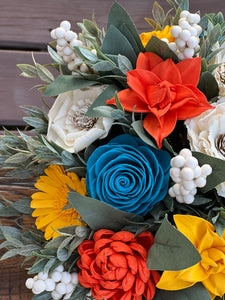 Large faux pumpkin with Sola Wood Flowers