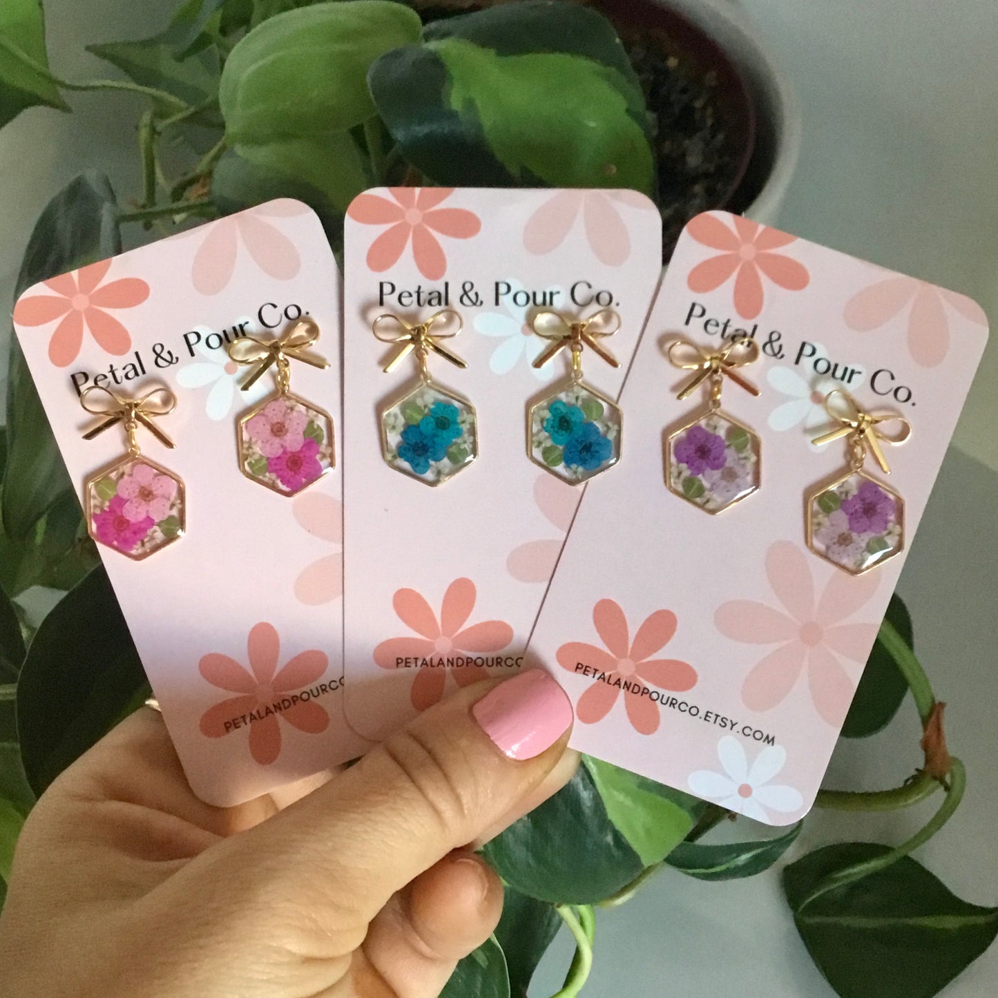 Real Flower Hexagon Earring