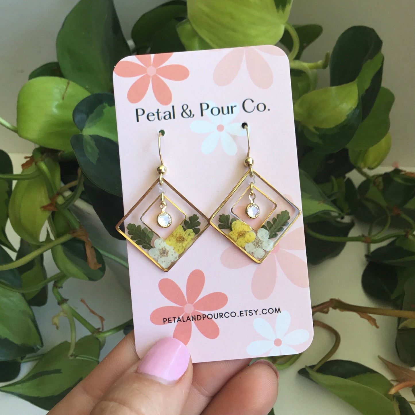Real Flower Square Dangle Earring
