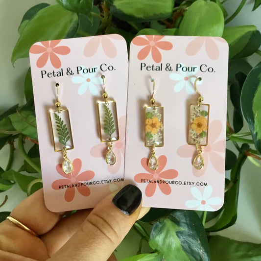 Real Flower Rectangle Earring