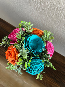 Sola wood flowers in small metal milk jug