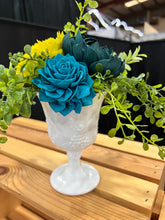 Sola Wood floral arrangement in vintage white milk glass vessel