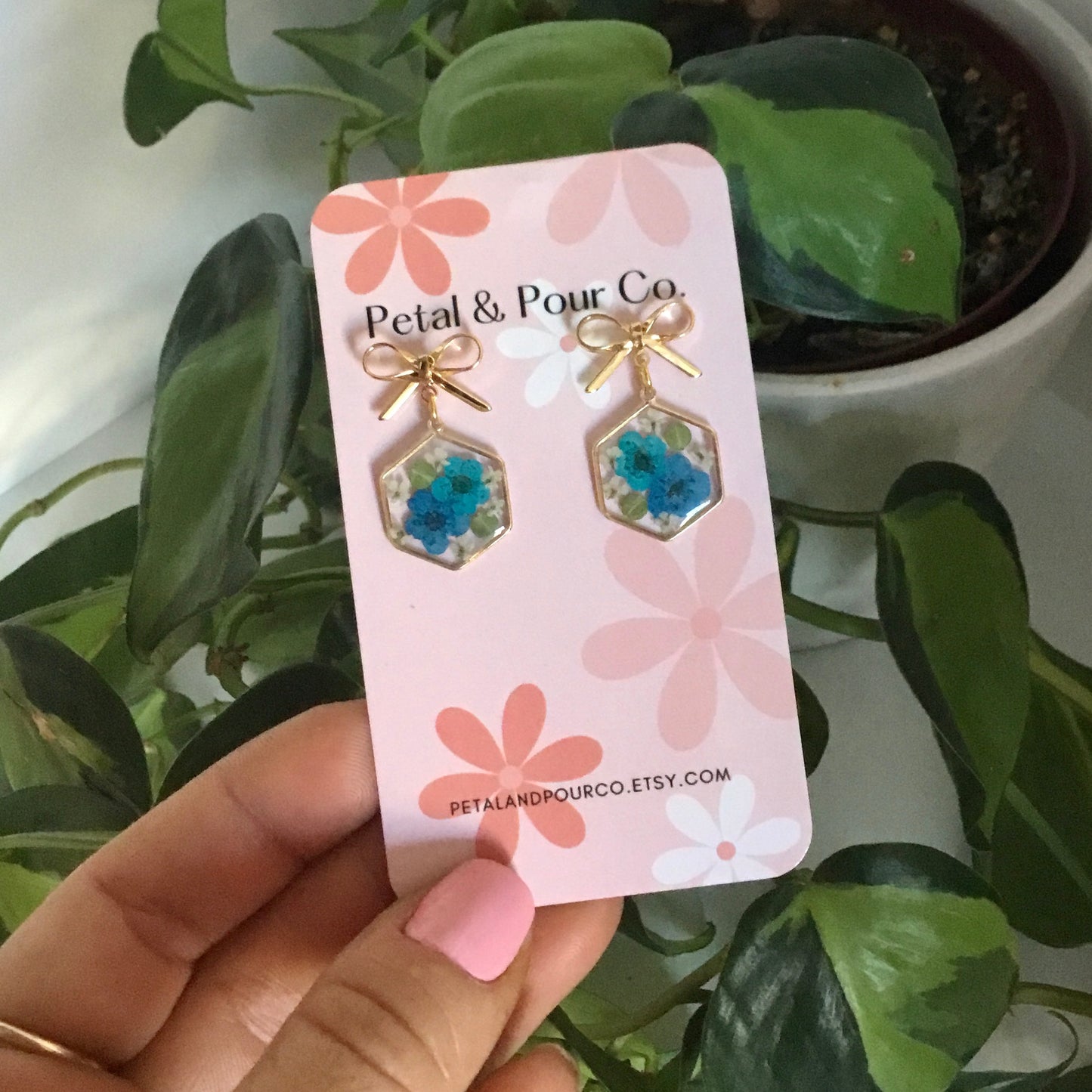 Real Flower Hexagon Earring