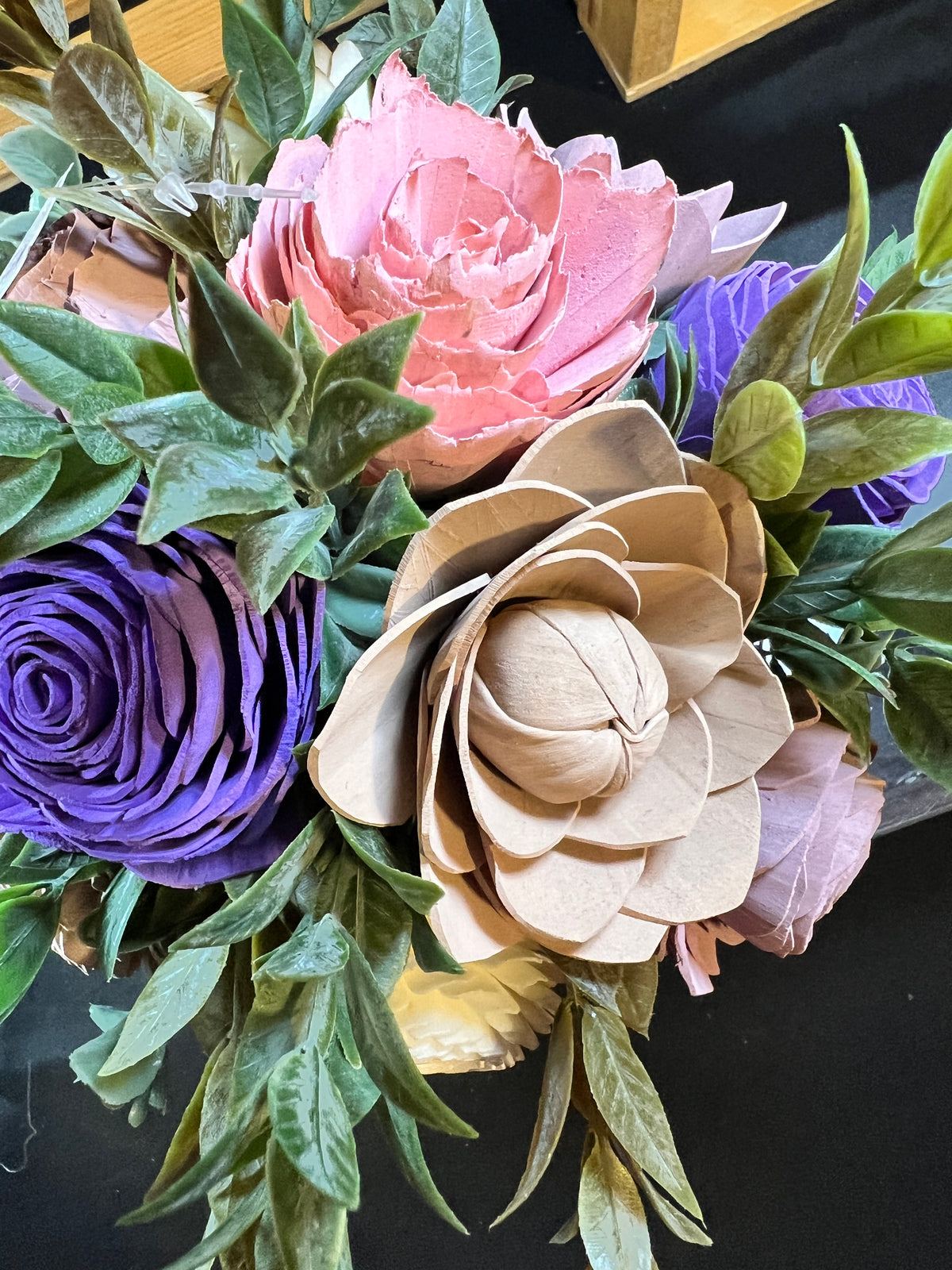 Sola wood flowers in floral ceramic container
