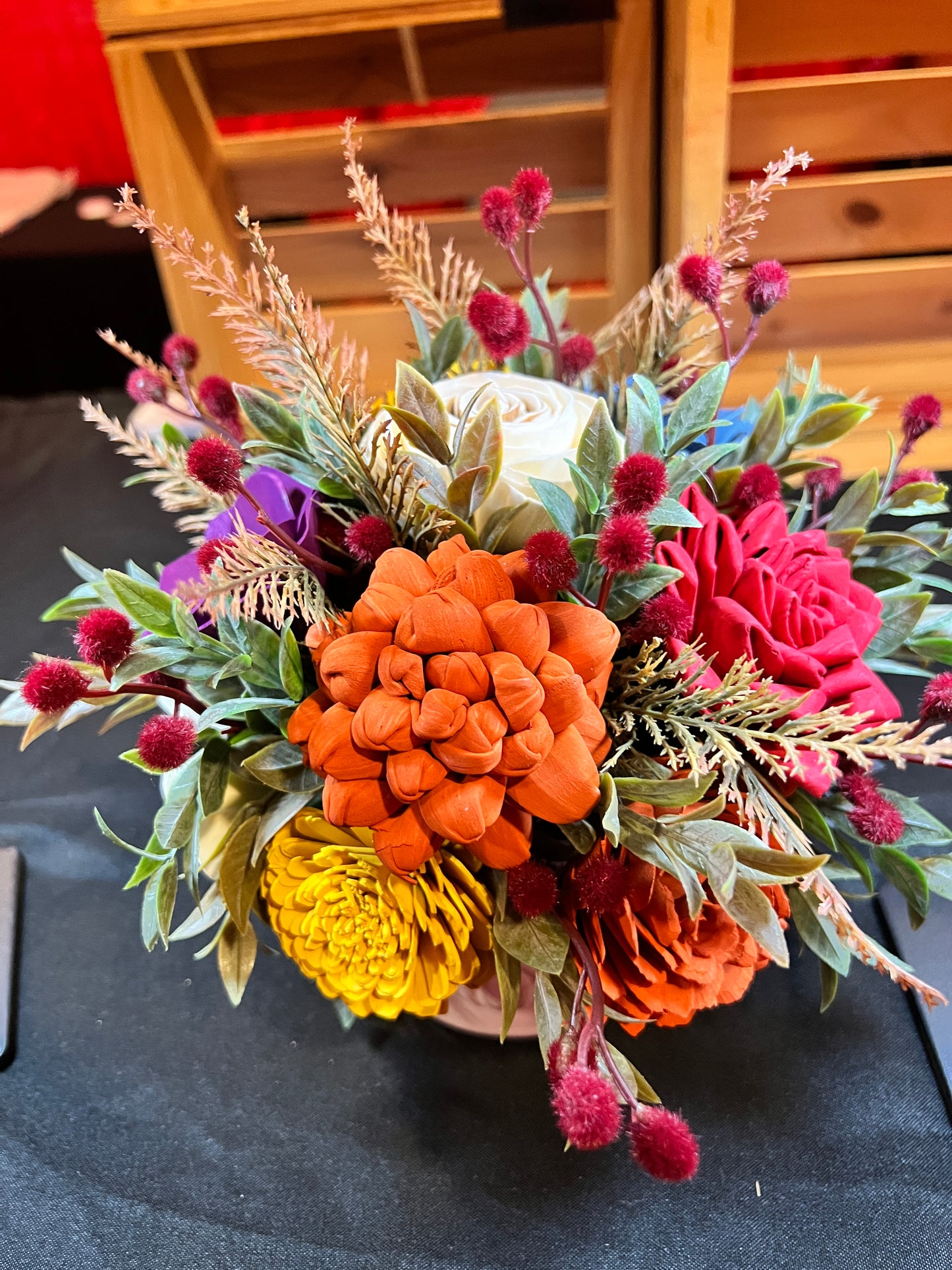 Large fall Sola Wood Floral arrangement in white ceramic container