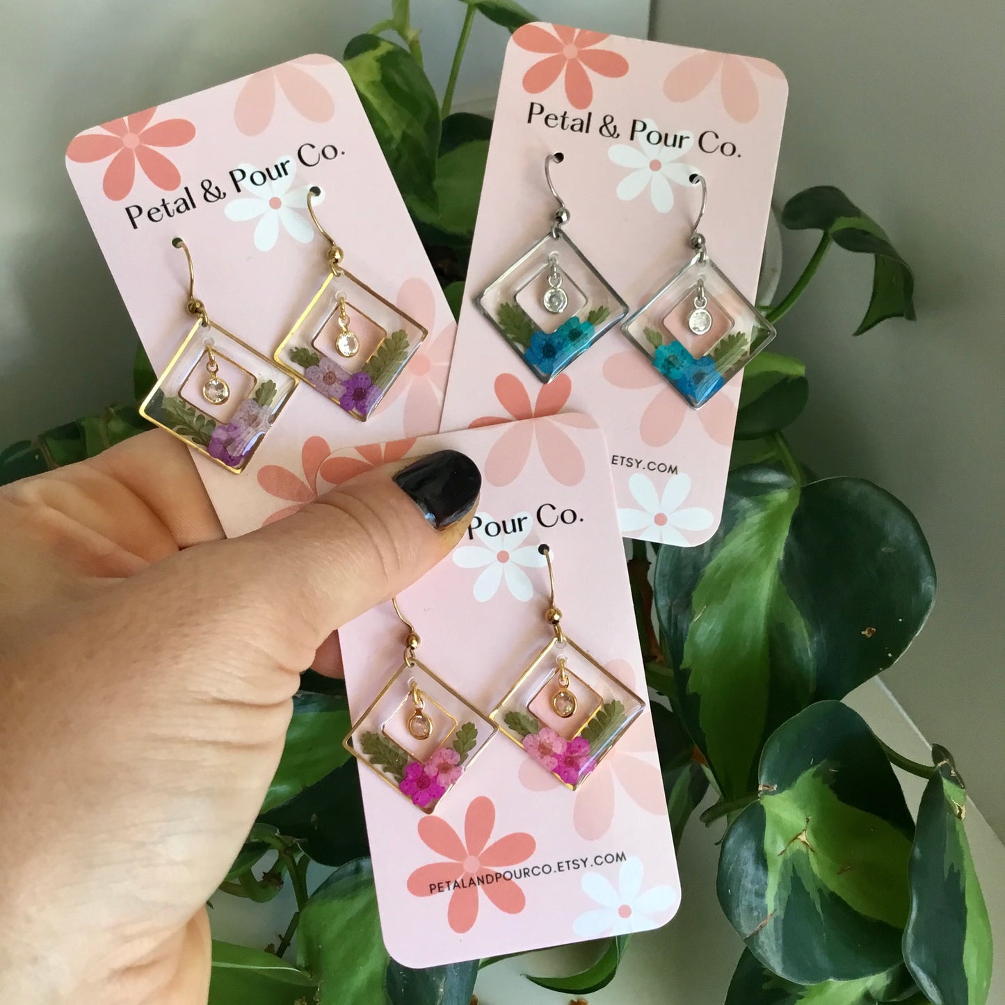 Real Flower Square Dangle Earring