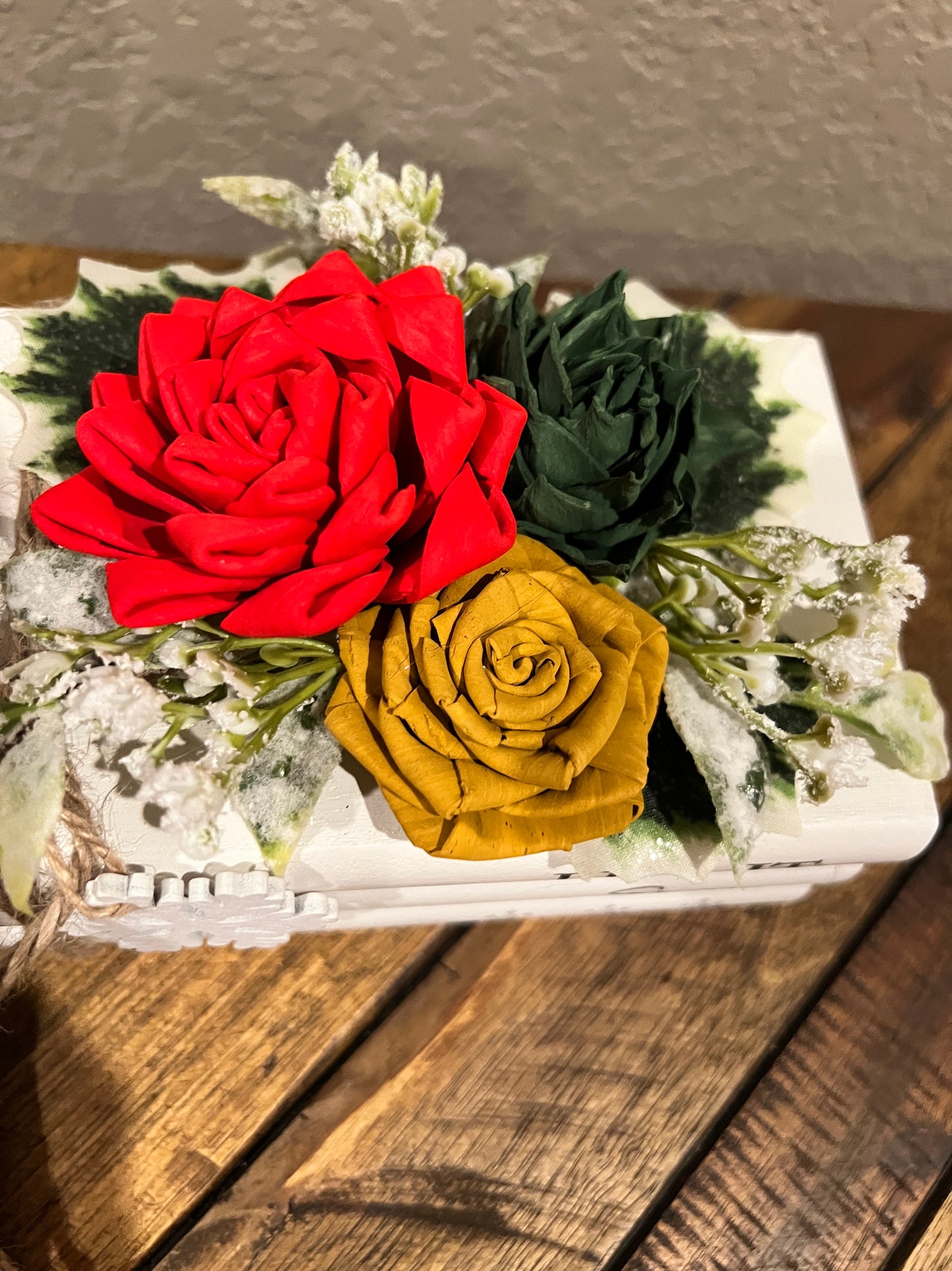 Faux holiday books with Sola Wood flowers