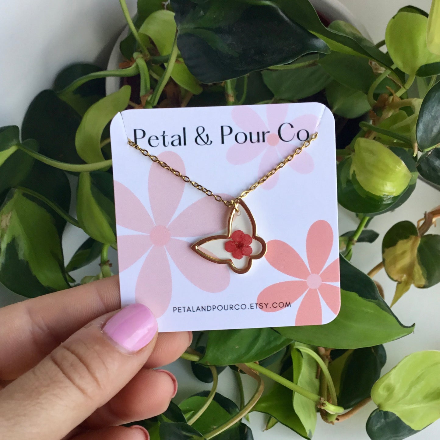 Real Flower Butterfly Necklace