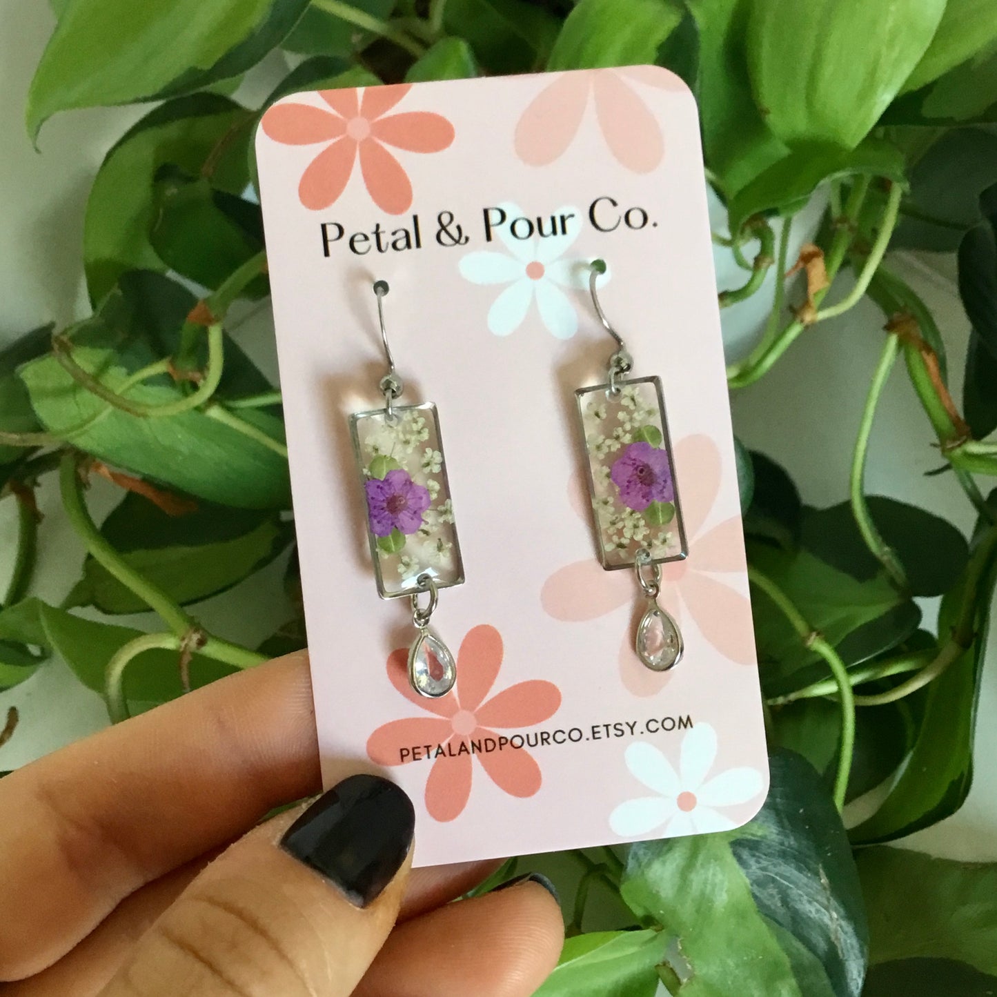 Real Flower Rectangle Earring