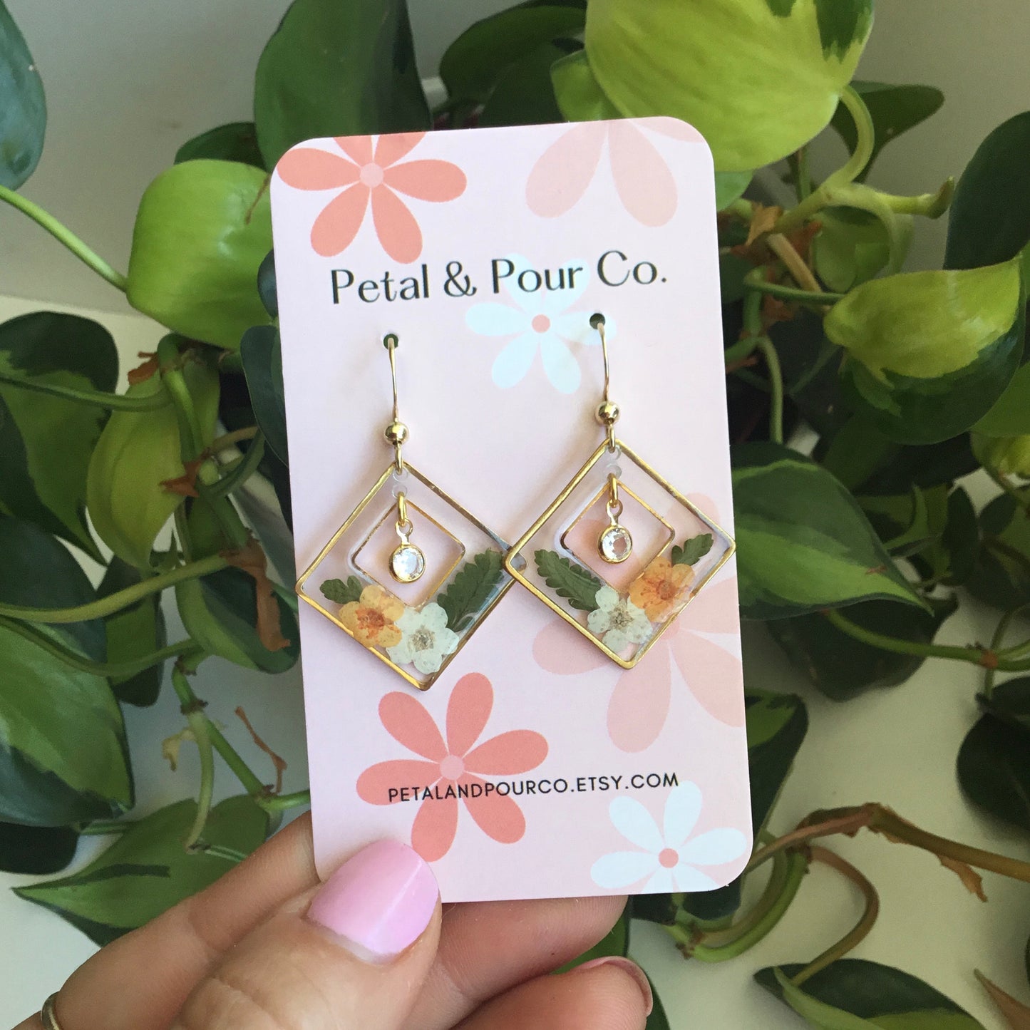 Real Flower Square Dangle Earring
