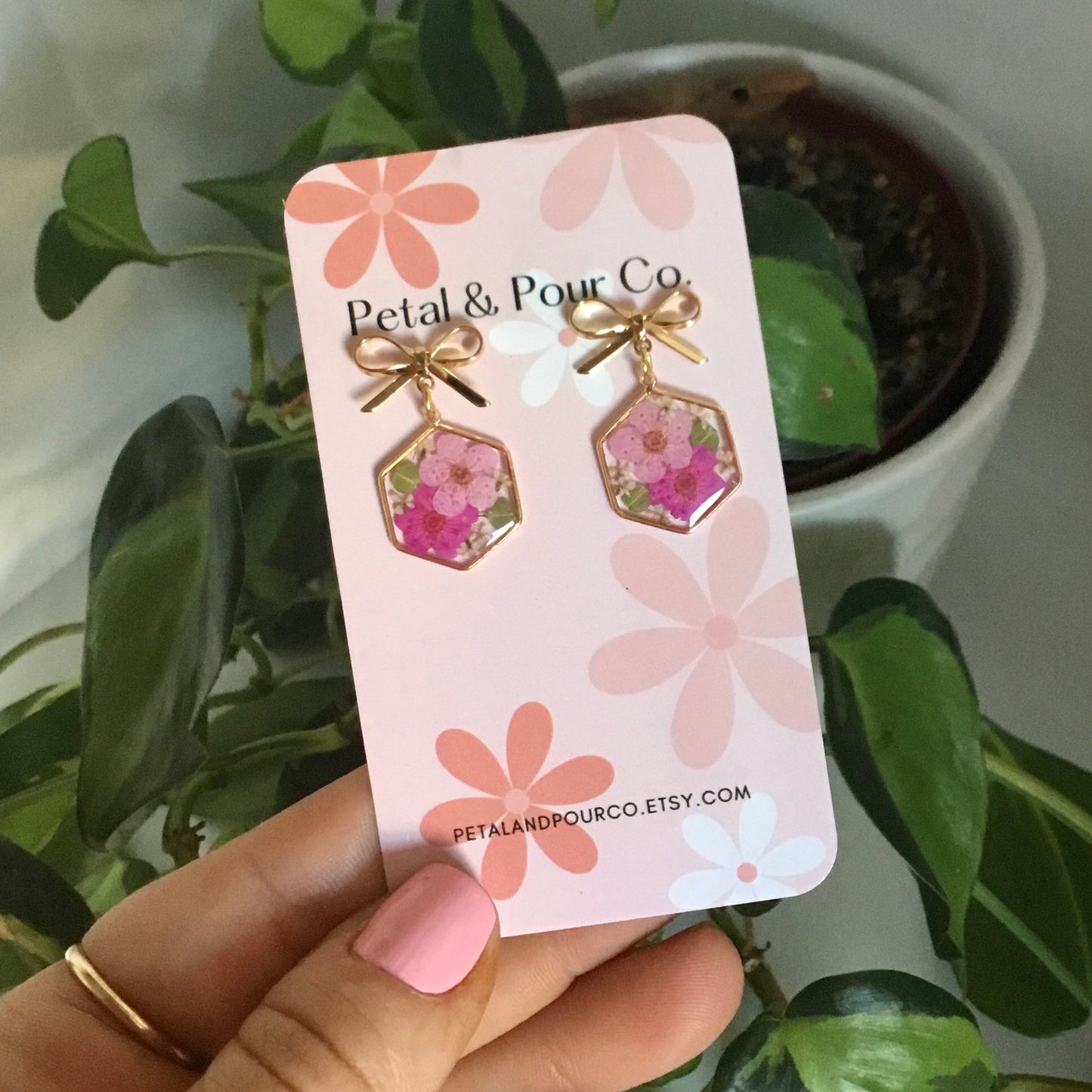 Real Flower Hexagon Earring