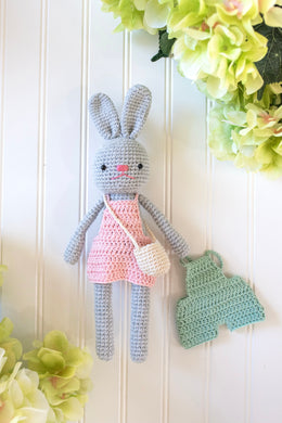 Crochet Doll Set (Gray Bunny+Light Pink Skirt+Light Green Pants)