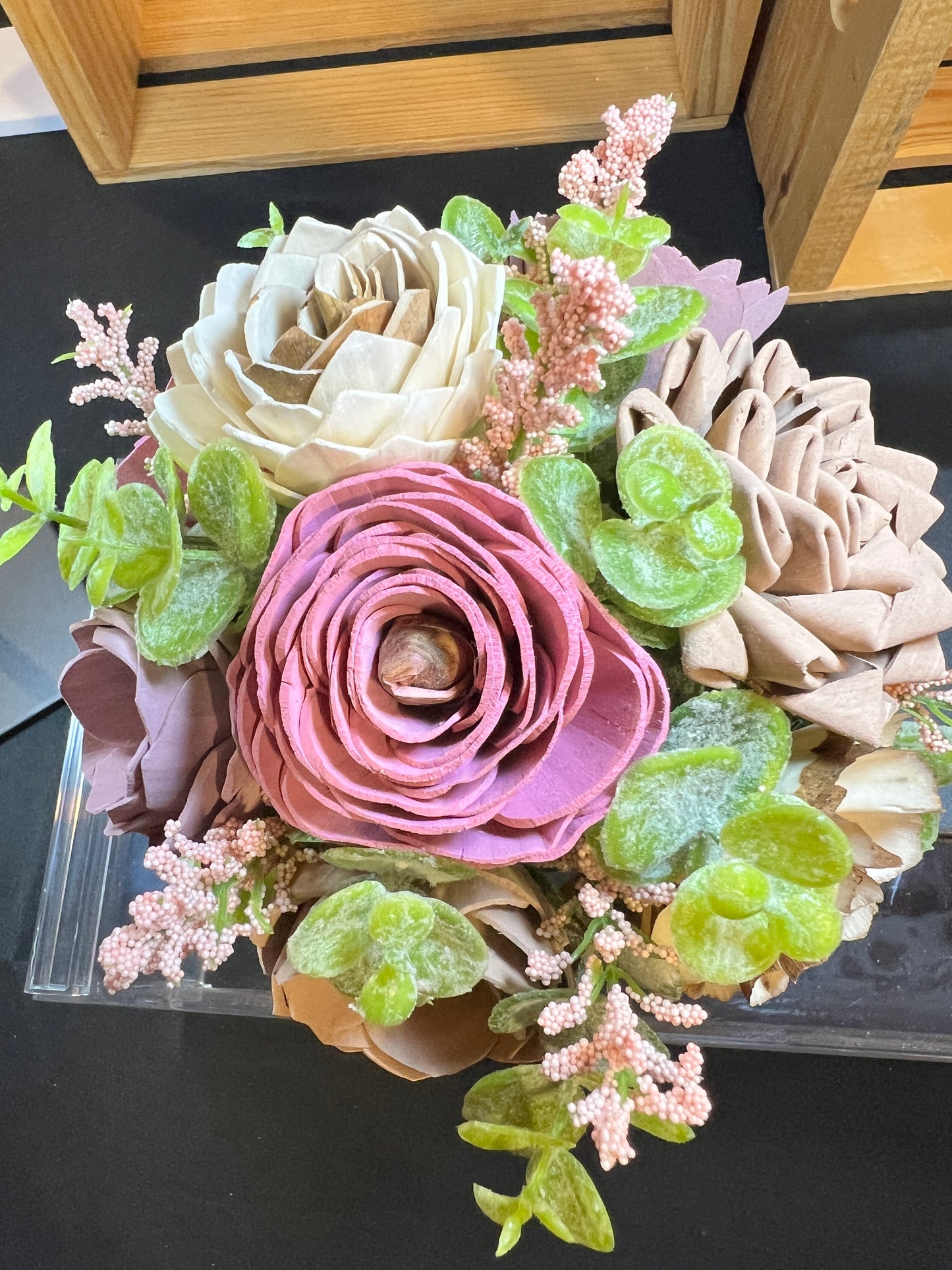 Sola wood flowers in floral ceramic container