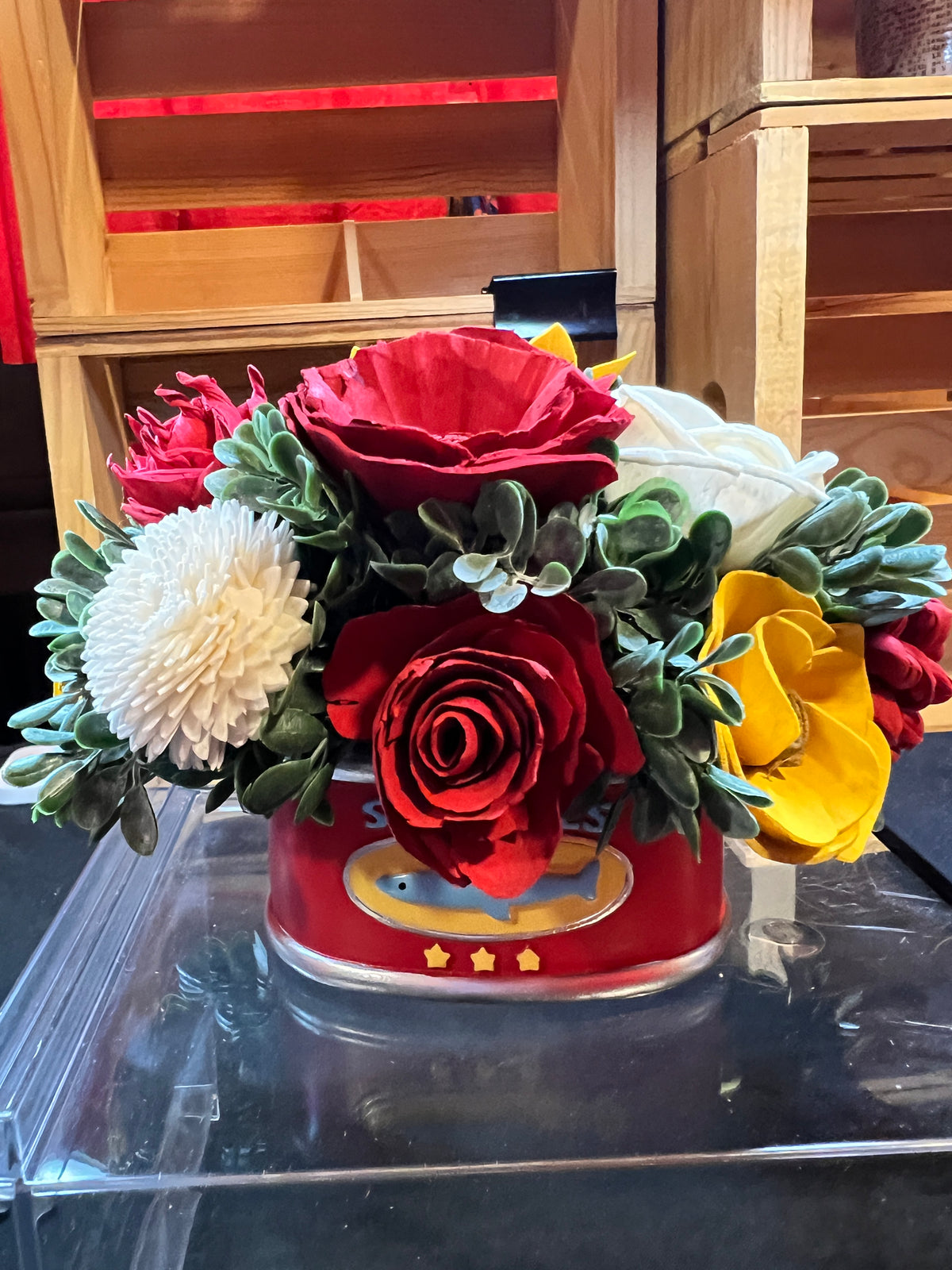Sola wood flowers in a “sardine” can container