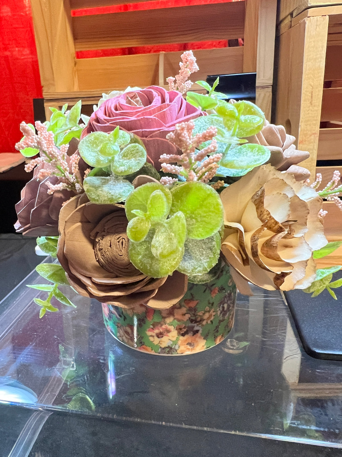 Sola wood flowers in floral ceramic container