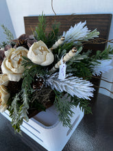 Very large holiday arrangement Sola Wood flowers and rustic greenery arranged in reclaimed bread bowl