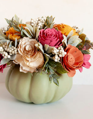 Large faux pumpkin with Sola Wood Flowers