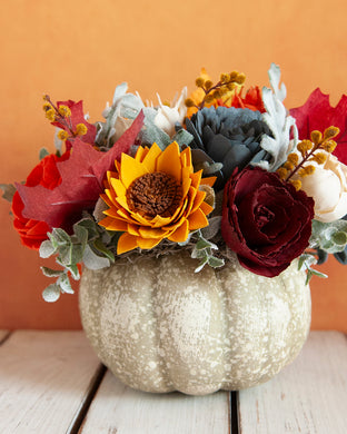 Sola wood flowers on faux pumpkin