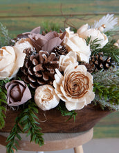 Very large holiday arrangement Sola Wood flowers and rustic greenery arranged in reclaimed bread bowl