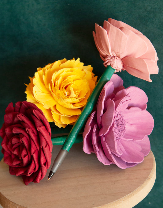 Ball point pens with hand painted sola wood flower