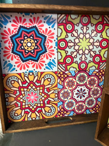 Wood tray with colorful tiles