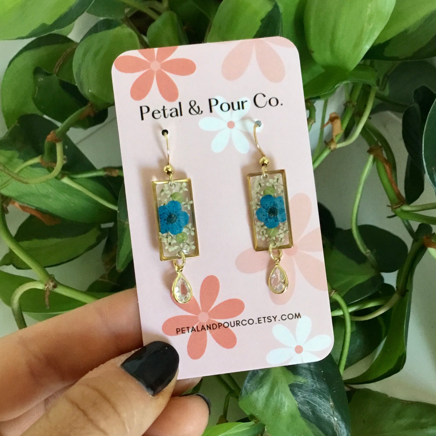 Real Flower Rectangle Earring
