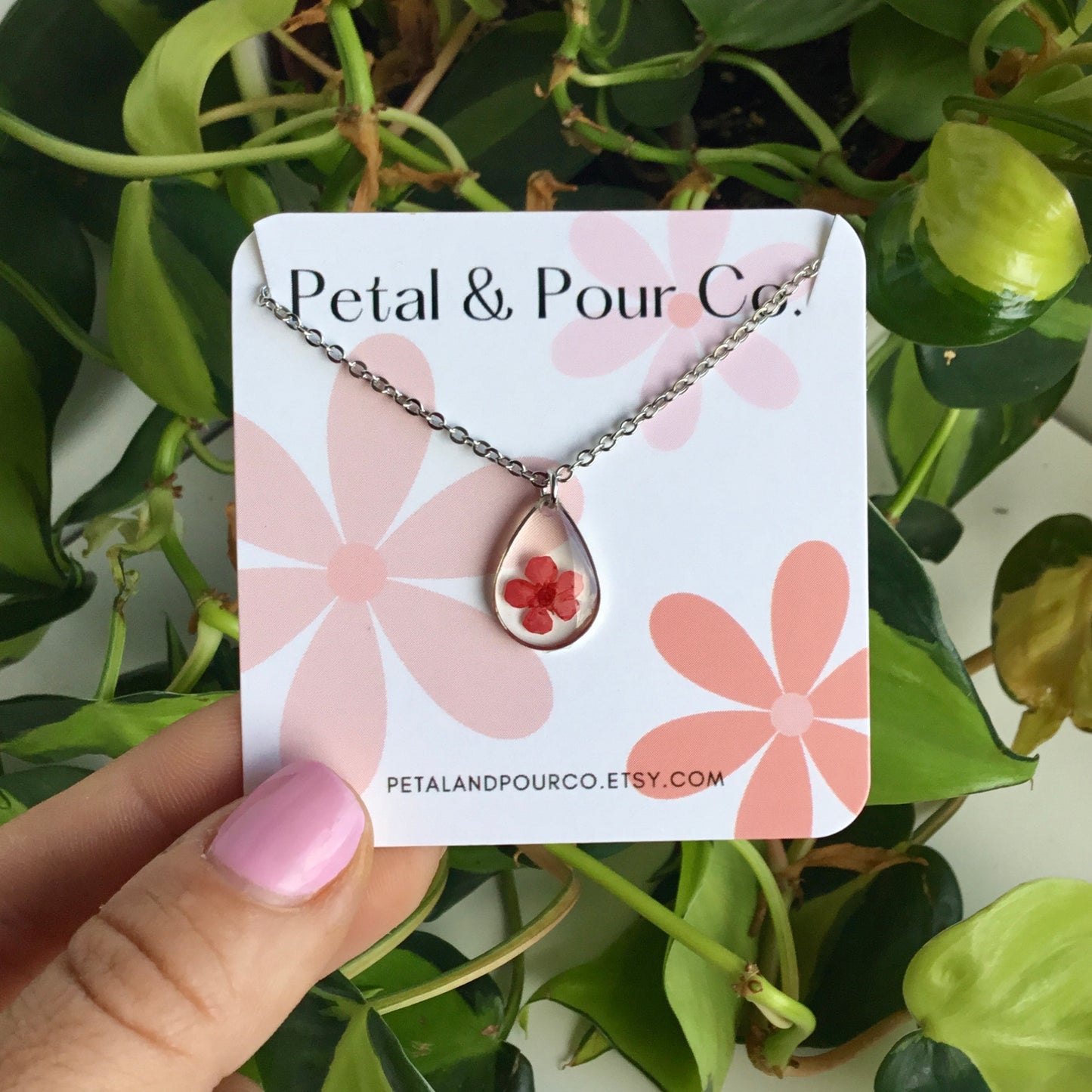 Real Flower Teardrop Necklace (Silver)