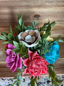 Sola wood flowers in small metal milk jug