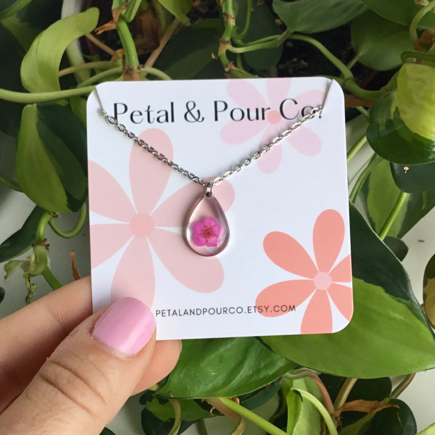 Real Flower Teardrop Necklace (Silver)