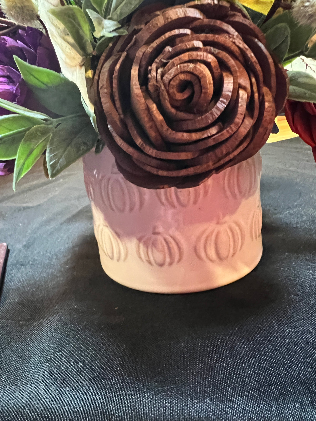 Large fall Sola Wood Floral arrangement in white ceramic container