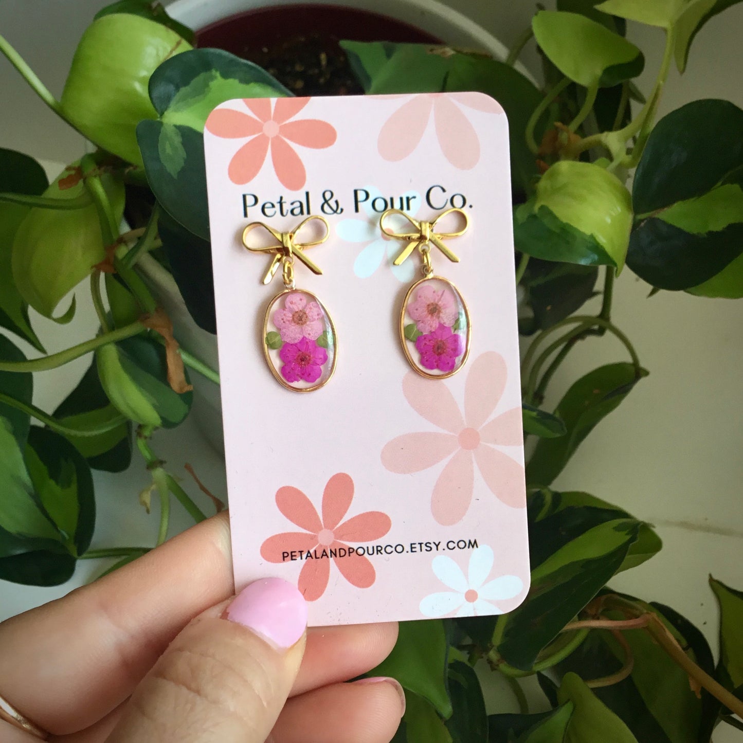 Real Flower Bow Oval Earring