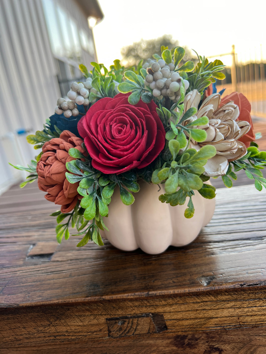 Faux pumpkin with Sola Wood Flowers