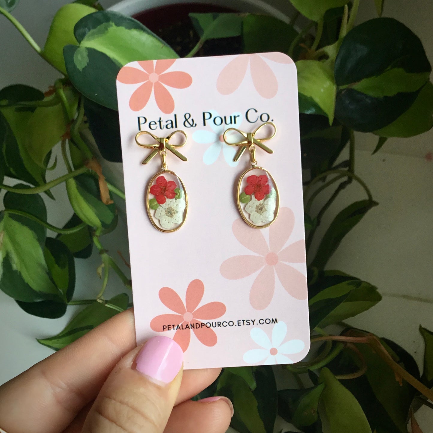 Real Flower Bow Oval Earring