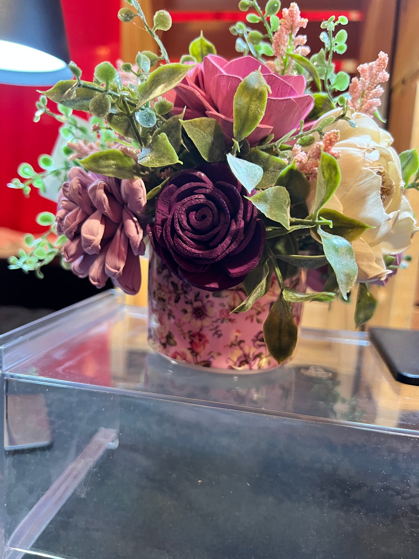 Sola wood flowers in floral ceramic container