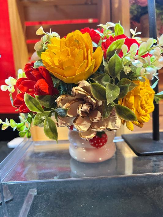 Sola Wood flowers in white ceramic container with strawberries