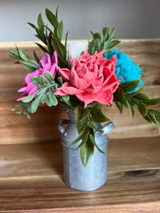 Sola wood flowers in small metal milk jug