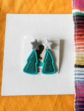 Teal Christmas tree earrings