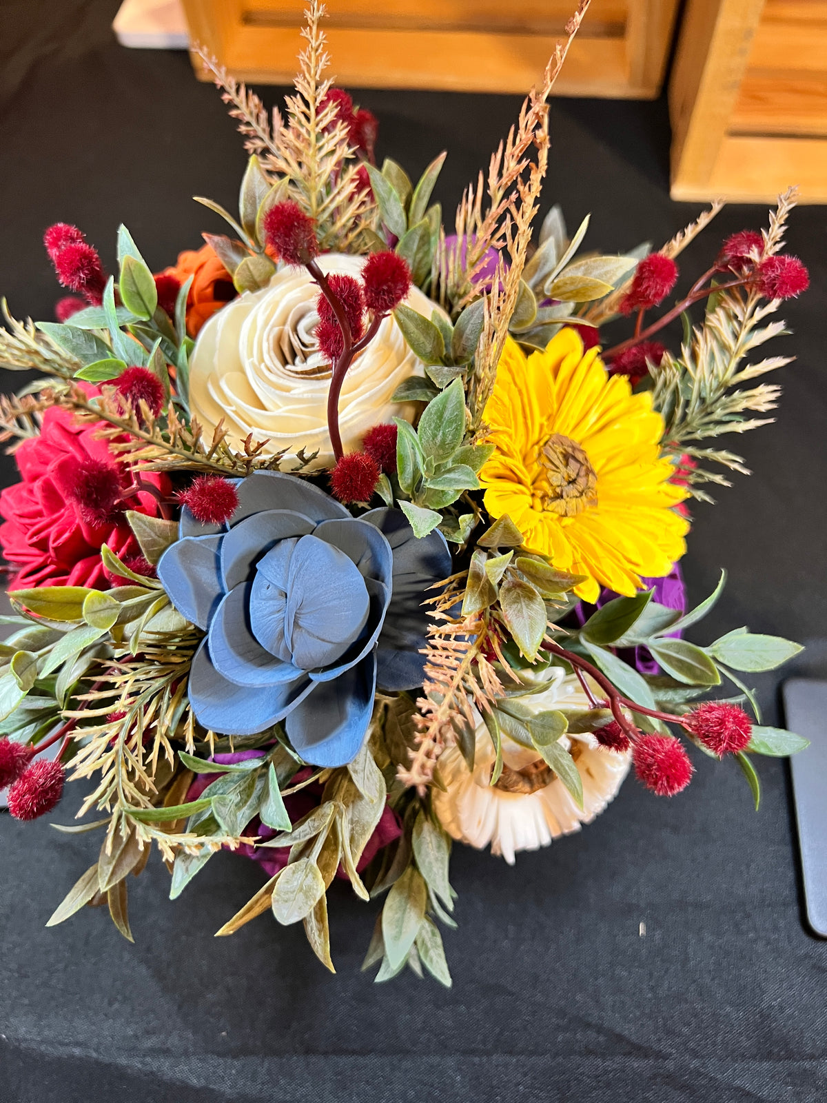 Large fall Sola Wood Floral arrangement in white ceramic container