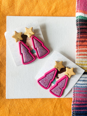 Pink Christmas tree earrings