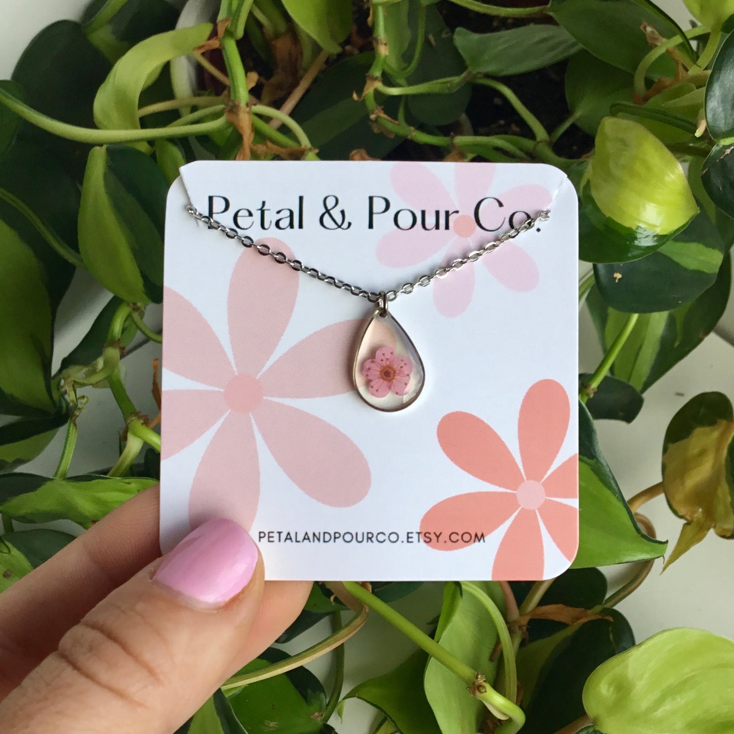 Real Flower Teardrop Necklace (Silver)