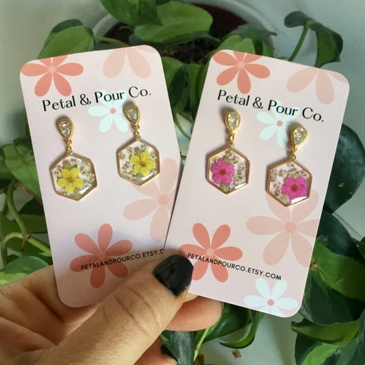 Real Flower Hexagon Earring