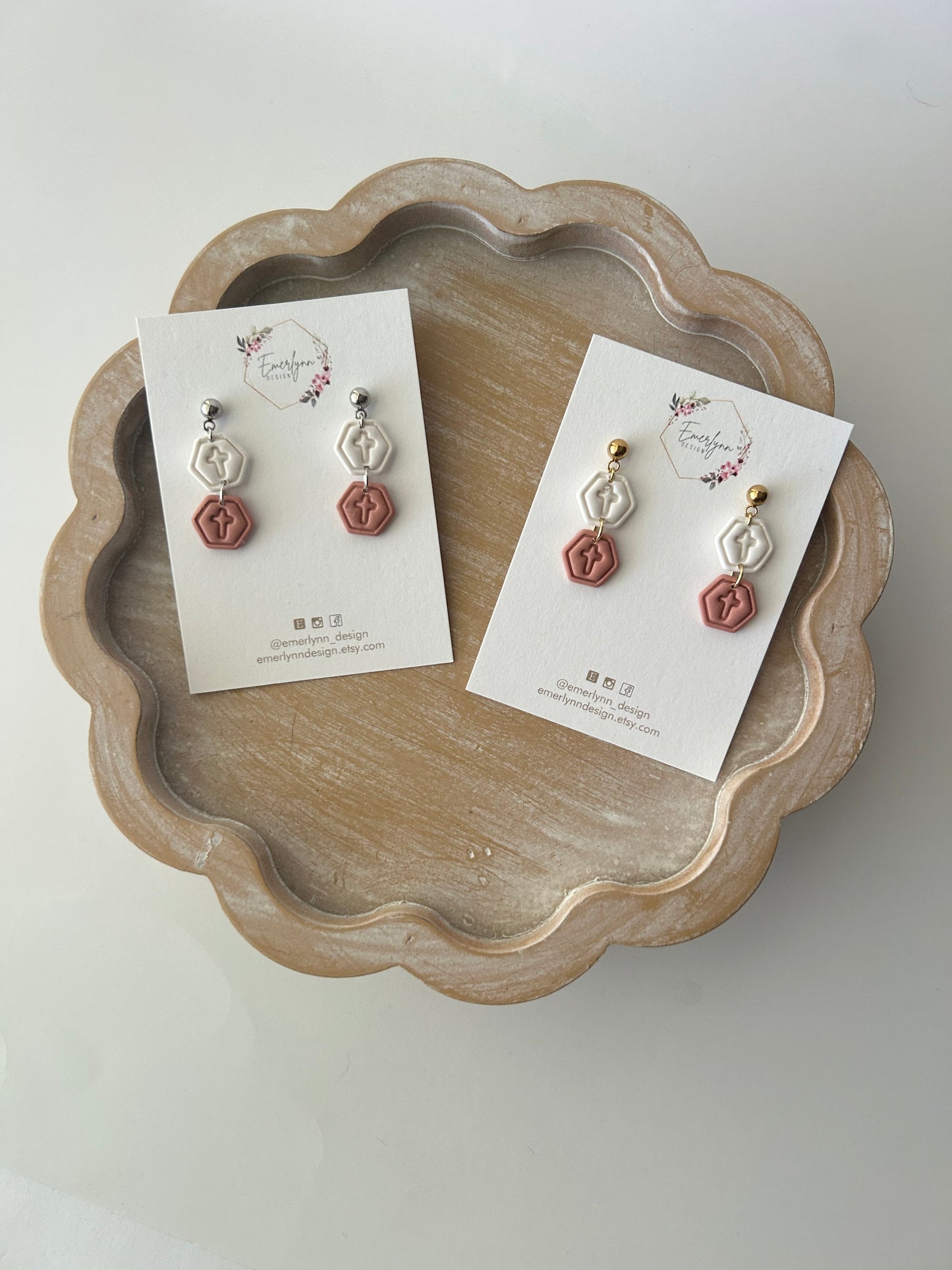White/Dusty Rose Cross Earrings