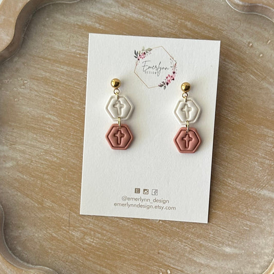 White/Dusty Rose Cross Earrings