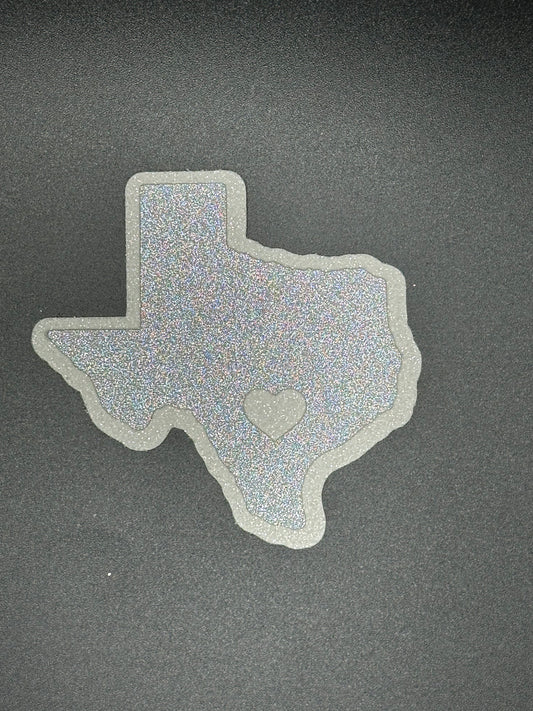 Small Cutout For Homecoming Mum- Texas shape with heart, Silver and white