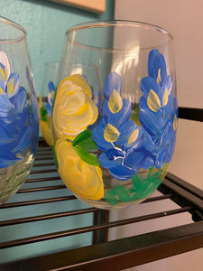 Wine Glasses- bluebonnets and yellow roses