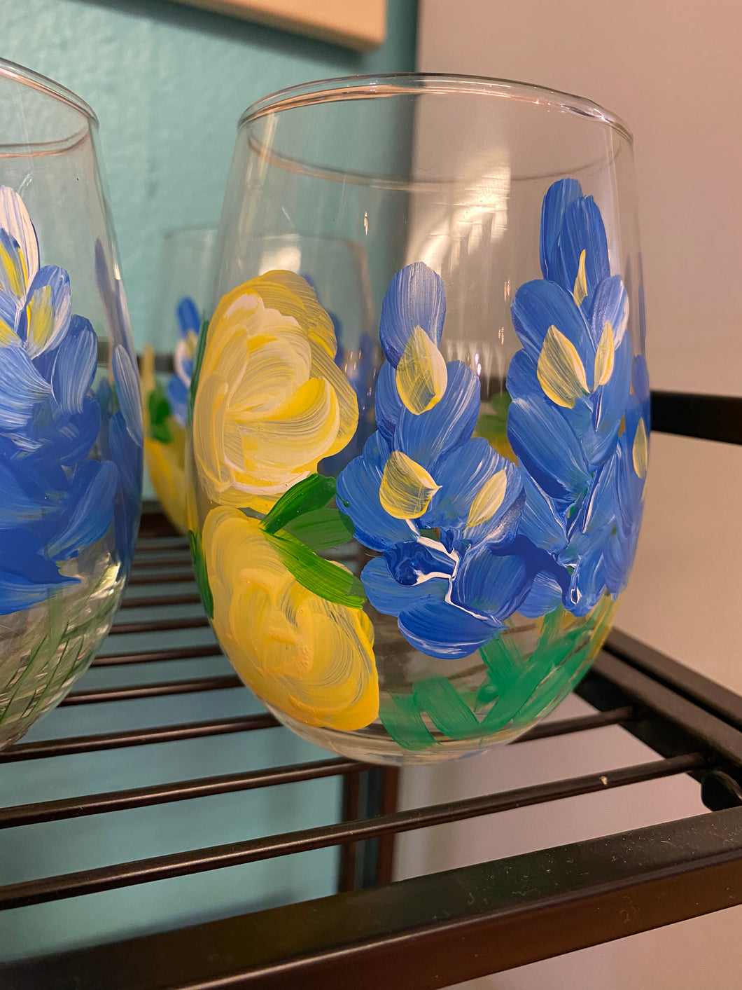 Wine Glasses- bluebonnets and yellow roses
