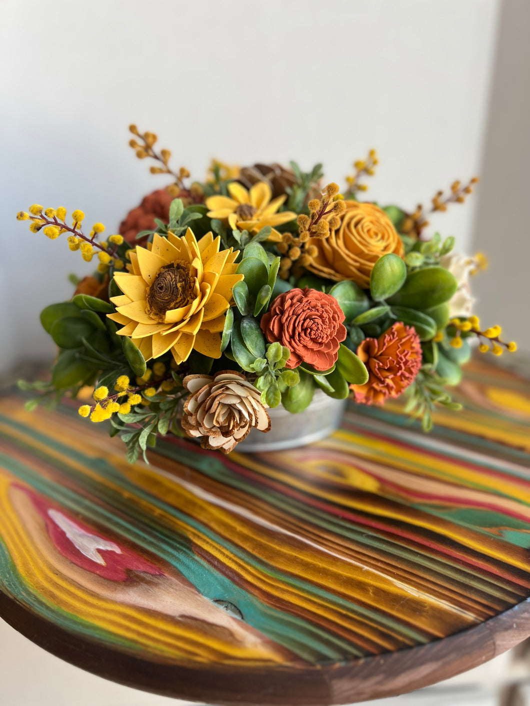Sola wood floral arrangement in metal tin