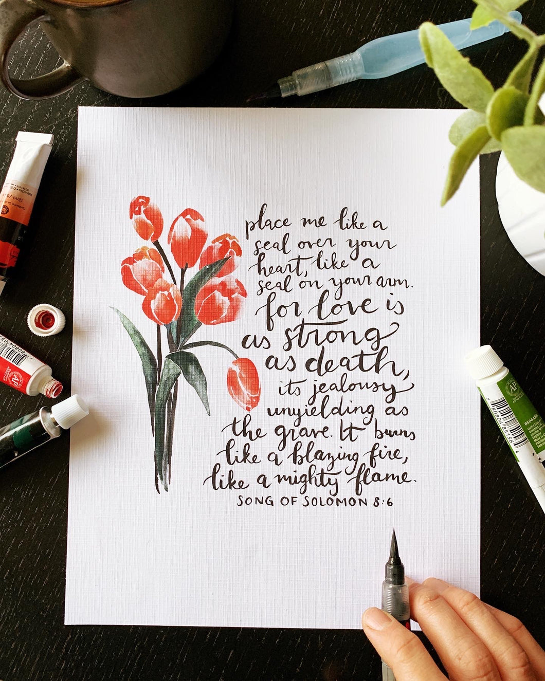 Love is as strong as death Bible verse wall art, 2 Corinthians 12:9, tulip watercolor painting, Song off Solomon 8:6