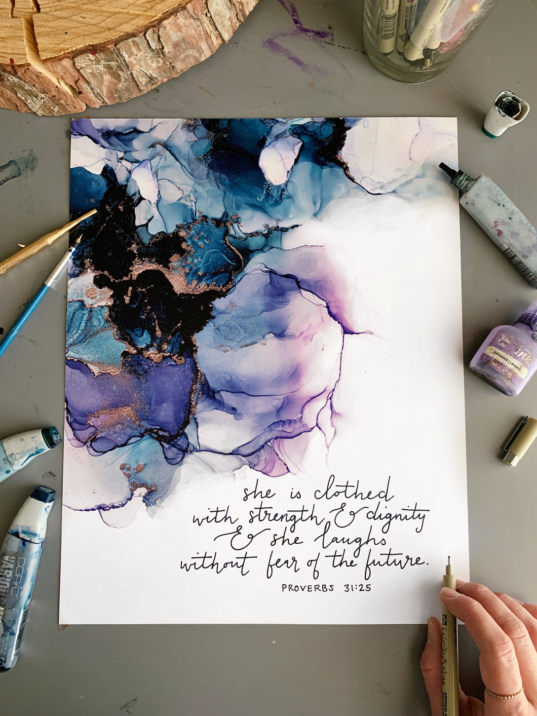 Proverbs 31:25 Bible verse wall art, alcohol ink painting