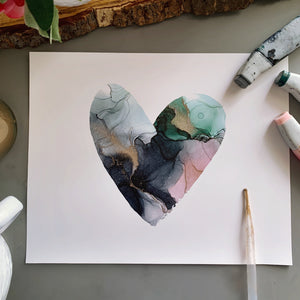 Abstract heart painting, fluid art alcohol ink painting